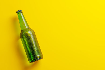 Beer bottle on yellow background. Flat lay with copy spaceの写真素材