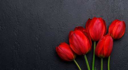 Red tulips grace the table, providing a serene and vibrant backdrop, perfect for spring celebrations or simple joysの写真素材