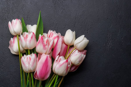 Pastel colorful tulips grace the table, providing a serene and vibrant backdrop, perfect for spring celebrations or simple joysの写真素材