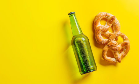 Beer bottle and pretzels on yellow background. Flat lay with copy spaceの写真素材