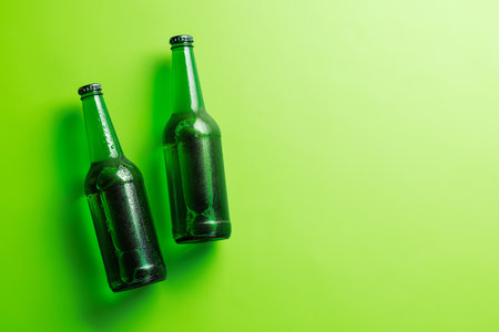 Beer bottles on green background. Flat lay with copy spaceの写真素材