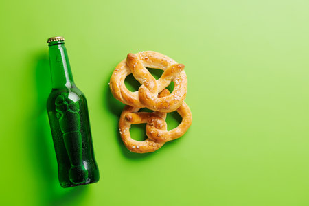 Beer bottle and pretzels on green background. Flat lay with copy spaceの写真素材