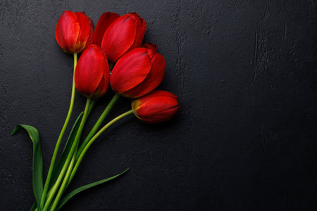 Red tulips grace the table, providing a serene and vibrant backdrop, perfect for spring celebrations or simple joysの写真素材