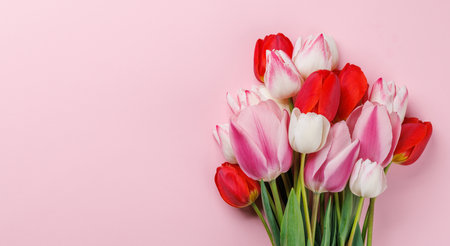 Pastel colorful tulips grace the table, providing a serene and vibrant backdrop, perfect for spring celebrations or simple joysの写真素材