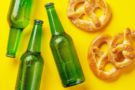 Beer bottles and pretzels on yellow background. Flat layの写真素材