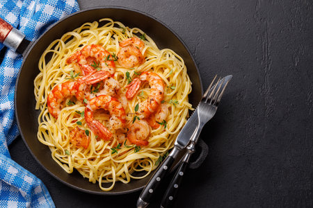 A delightful Italian pasta adorned with shrimps with thyme, creating a perfect seafood indulgence. Flat lay with copy spaceの写真素材