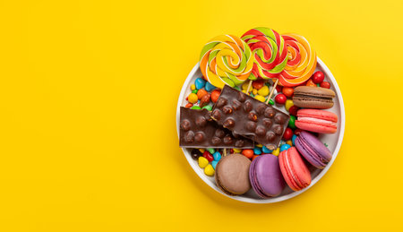 Various colorful candies, lollipops, and macaroons. Flat lay over yellow background with copy spaceの写真素材