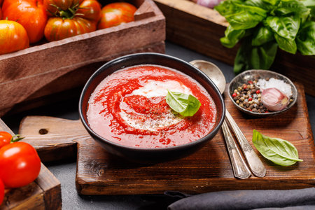 Refreshing homemade cold tomato gazpacho soupの写真素材