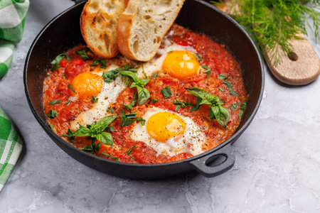 Delicious shakshuka breakfast in a frying panの写真素材
