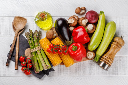 Various vegetables ready for the grill, fresh and vibrant, prepared for a delicious BBQの写真素材