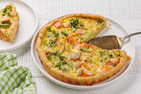 Fresh fish homemade pie with salmon and broccoliの写真素材