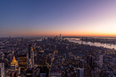 New York City skyline. Manhattan sunset skyscrapers panoramaの写真素材