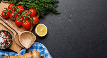 Cooking scene: Cherry tomatoes, herbs and spices on table. Flat lay with copy spaceの写真素材