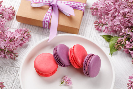 Colorful macaroons, arranged in a delightful display of vibrant hues and irresistible sweetnessの写真素材