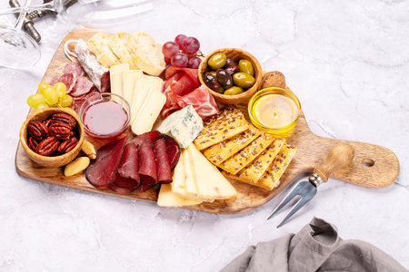 Antipasto board with prosciutto, salami, crackers, cheese, olives and nutsの写真素材