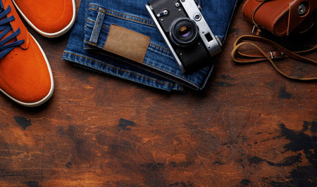 Men's Clothing on wooden Background: Jeans, Sneakers, Eyeglasses, Flat Lay with Copy Spaceの写真素材