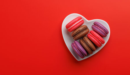 Various colorful macaroons in heart shaped bowl. Love sweets over red background with copy spaceの写真素材