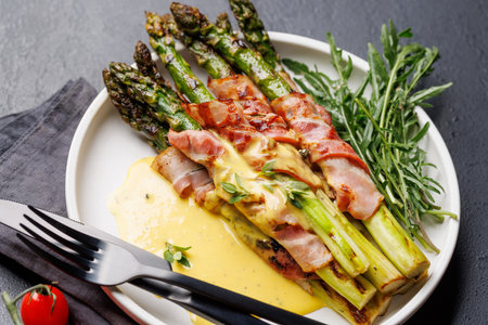 Grilled asparagus with bacon and egg sauce on a plateの写真素材