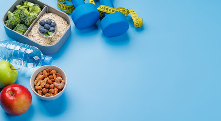 Healthy food and fitness items. With copy spaceの写真素材