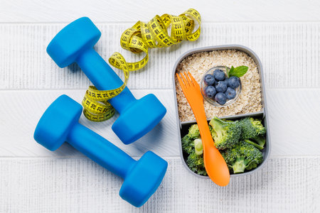 Healthy food and fitness items. Flat layの写真素材