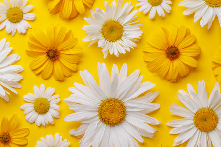 Various chamomile flowers on a colorful background. Flat lay, perfect for a template or mockupの写真素材