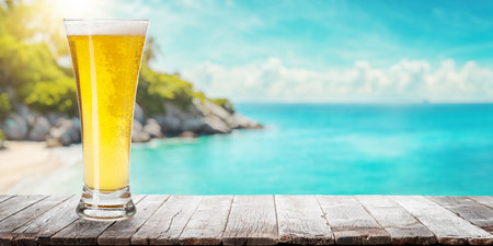 Glass of beer on a table with a stunning sea and beach background, capturing the essence of relaxationの写真素材