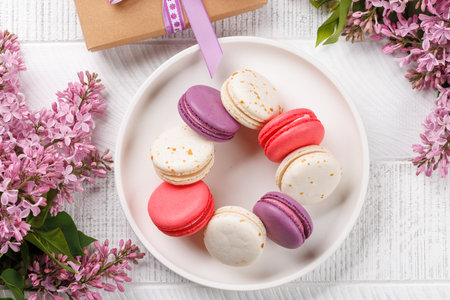 Colorful macaroons, arranged in a delightful display of vibrant hues and irresistible sweetnessの写真素材
