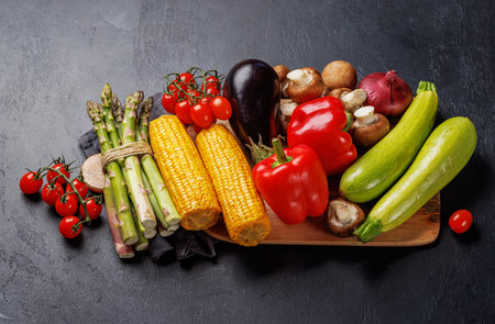 Various vegetables ready for the grill, fresh and vibrant, prepared for a delicious BBQの写真素材