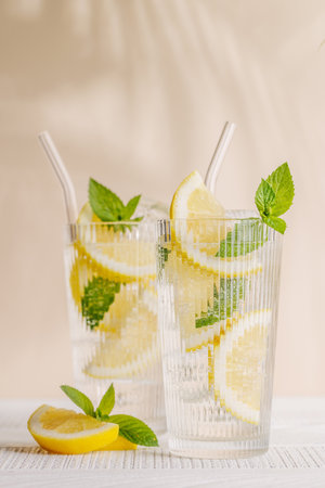Fresh summer lemonade with lemon and mint, refreshing and vibrant drink perfect for hot daysの写真素材