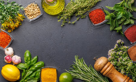 Various herbs and spices on the table, adding vibrant colors and rich aromas to the kitchen. With copy spaceの写真素材