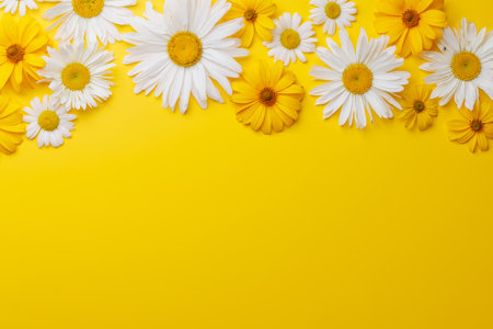 Various chamomile flowers on a colorful background. Flat lay with copy space, perfect for a template or mockupの写真素材
