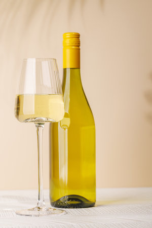 White wine bottle and wine glass. With copy space for your textの写真素材