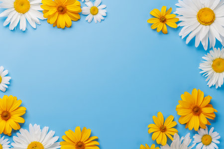 Various chamomile flowers on a colorful background. Flat lay with copy space, perfect for a template or mockupの写真素材