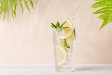 Fresh summer lemonade with lemon and mint, refreshing and vibrant drink perfect for hot daysの写真素材