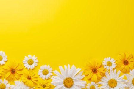 Various chamomile flowers on a colorful background. Flat lay with copy space, perfect for a template or mockupの写真素材