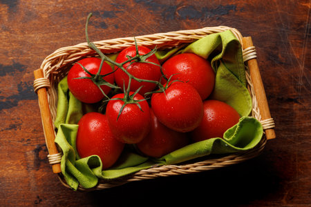 Fresh tomatoes in basket. Flat layの写真素材