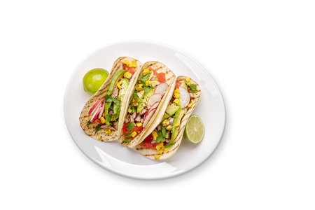 Mexican food featuring tacos with meat and grilled vegetables. Flat lay. Isolated on white backgroundの写真素材