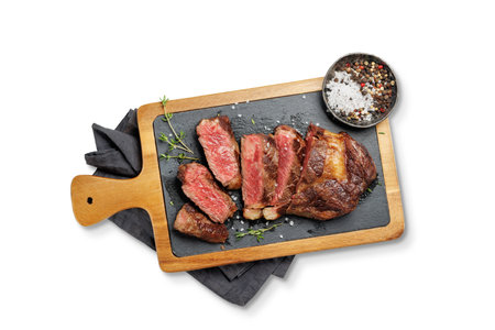 Deliciously juicy sliced beef ribeye steak, perfectly cooked and ready to be savored. Flat lay. Isolated on white backgroundの写真素材