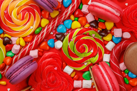 Various colorful candies, lollipops, and macaroons. Flat lay over red backgroundの写真素材