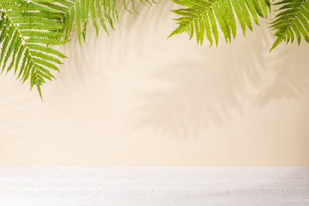 Template with empty table and wall with leaves shadow, perfect for product presentation and mockupの写真素材