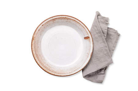 Empty plate, mockup for a delicious meal. Flat lay. Isolated on white backgroundの写真素材
