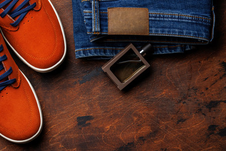 Men's Clothing on wooden Background: Jeans, Sneakers, Eyeglasses, Flat Lay with Copy Spaceの写真素材