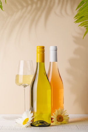 White wine bottle and wine glass. With copy space for your textの写真素材