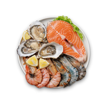 Seafood Platter Delight: Shrimps, Salmon, Oysters Galore. Flat lay isolated on white backgroundの写真素材