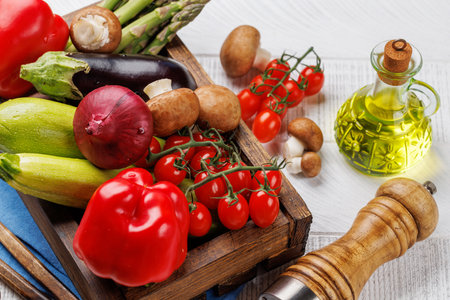 Various vegetables ready for the grill, fresh and vibrant, prepared for a delicious BBQの写真素材