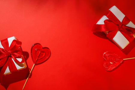 A heart-shaped lollipop paired with a romantic Valentine's Day gift box, set against a vibrant red background, symbolizing love and celebrationの写真素材