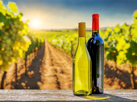 Bottles of red and white wine in front of a sunny vineyard. The vineyard stretches into the distance, with grapevines glowing under warm sunlight.の写真素材