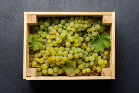 A wooden crate brimming with grapes, featuring shades of green. The grapes look ripe and juicy, showcasing a delicious assortment perfect for snacking or wine-makingの写真素材