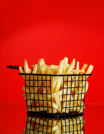 French fries on a red background, perfect for a fast food or snack concept