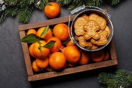 Festive citrus joy: Tangerines in a holiday-themed box and gingerbread cookies, flat layの写真素材